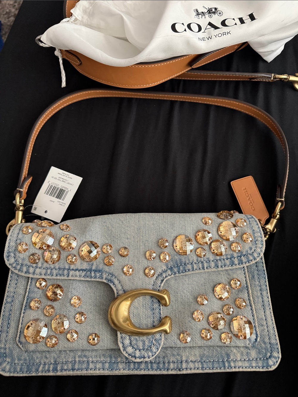 Coach Denim Shoulder Bag with Gold Crystal Embellishments
